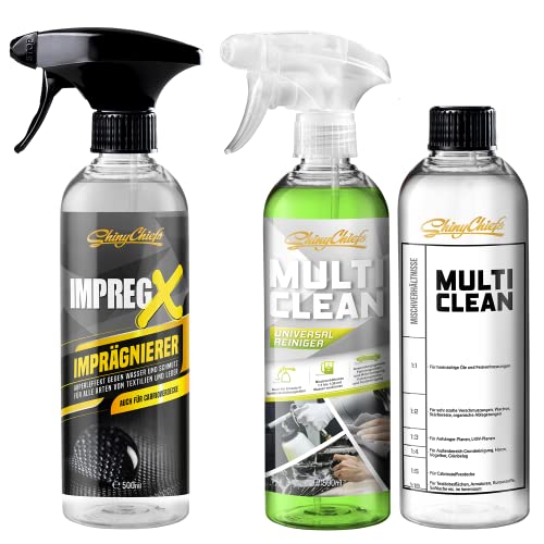 ShinyChiefs IMPREG X + MULTI CLEAN SET - Auto Allzweckreiniger für alle Oberflächen - Allesreiniger mit Mischverhältnisflasche + Wasserabweisendes Textil- und Leder Imprägnierspray, 3 x 500ml