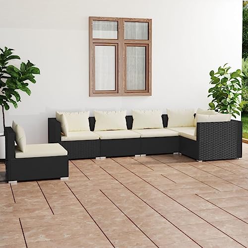 WHOPBXGAD terrassenmöbel,balkonmöbel Kleiner Balkon,Tisch klappbar,6-TLG. Garten-Lounge-Set mit Kissen Poly Rattan Schwarzterassenmöbel außen,balkonmöbel Set,glasplatte Tisch,