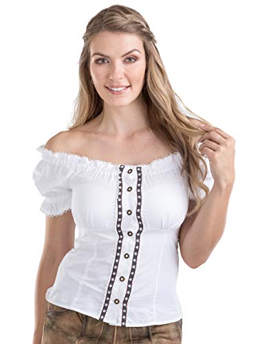 Schöneberger Trachten Couture Trachtenbluse Alpenstern - Elegante, schulterfreie Carmenbluse mit hinterer Schnürrung & tailliert (32, Weiss)