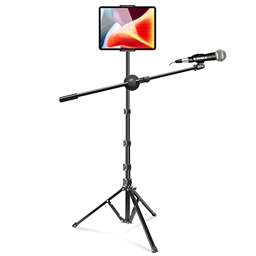 Elitehood Boom Mikrofonständer mit Tablet-Halterung, 172,7 cm höhenverstellbarer Boden, iPad-Stativ, mit Mikrofon-Clip, iPad-Notenständer zum Singen