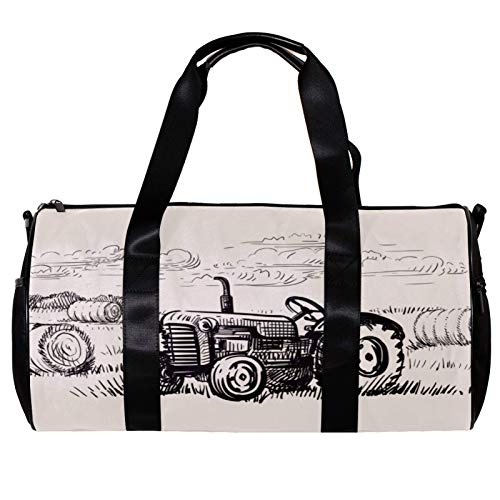 Runde Sporttasche mit abnehmbarem Schultergurt, alter Traktor mit ländlicher Szene, Trainings-Handtasche für Damen und Herren