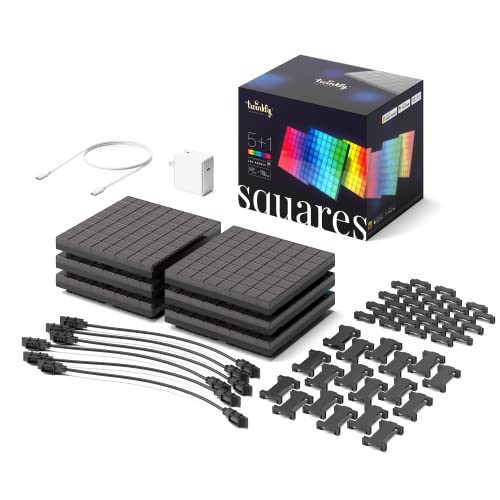 Twinkly Squares Starter Kit – App-gesteuerte LED-Panels mit 64 RGB (16 Millionen Farben) Pixeln. Schwarz. 1 Hauptkachel + 5 Erweiterungskacheln. Indoor Smart Home Beleuchtung Dekoration