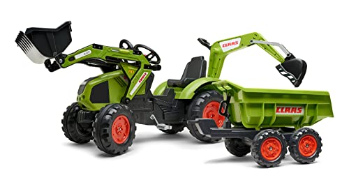 Falk – 1010W – Fahrrad und Fahrzeug für Kinder – Traktor Claas Axos + Schaufel + Bagger + Anhänger Maxi GM