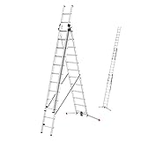 Hailo S100 ProfiLOT 3-teilige Alu-Kombileiter mit Lot-System - gleicht Unebenheiten aus - 3 x 12 profilierte Sprossen belastbar bis 150 kg - Aluleiter Made in Germany - Leiter rostfrei - Silber