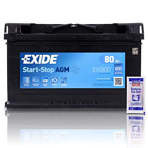 EXIDE EK800 Autobatterie AGM 12V 80Ah 800A Startstop AGM Starterbatterie PKW KFZ Batterie - Ersetzt 70Ah 72Ah 74Ah 75Ah 77Ah + 1x Batteriepolfett