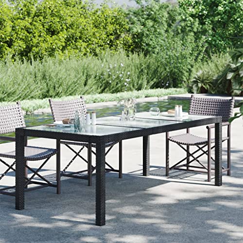 DCRAF Schöner Gartentisch für den Außenbereich, 190 x 90 x 75 cm, gehärtetes Glas und Polyrattan, Schwarz