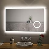 Safeni Badspiegel mit Beleuchtung 100x60cm LED Badezimmerspiegel Wandspiegel mit Touch-Schalter, Schminkspiegel mit 3-Fach Vergrößerung, Kaltweiß