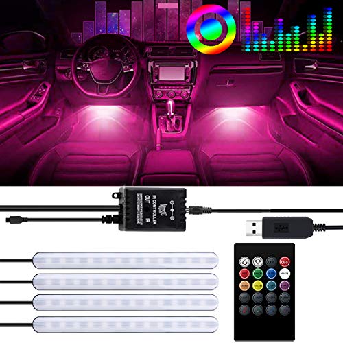 Auto LED Streifen Licht, 4pcs 48LED Auto Innenbeleuchtung USB Ladegerät Multicolor Musik Led Streifen Beleuchtung Kit RGB Fußraumbeleuchtung mit Sound Active Funktion, drahtlose Fernbedienung