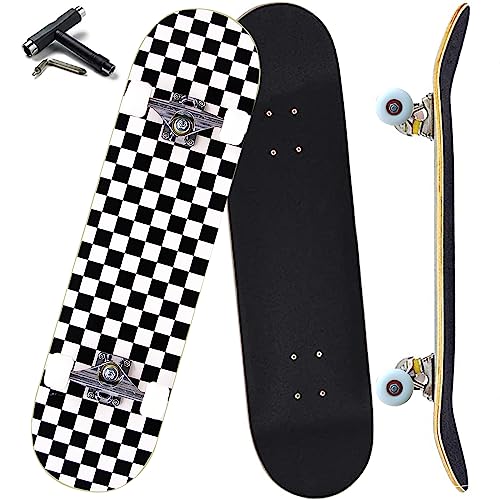 Anyfun Pro Komplettes Skateboard für Anfänger, Mädchen, Jungen, Kinder, Jugendliche, Erwachsene, 78,7 x 20,3 cm, 7 Schichten, kanadischer Ahorn, Doppel-Kick-Deck, konkave Longboards (Schachbrett)