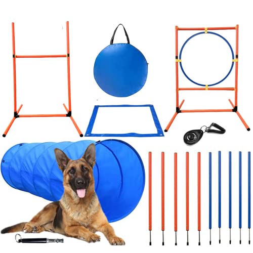 Kvittra Dog Agility Course Equipment Set, Dog Jump Training Obstacle Course Starter Kit Pet Outdoor Games Pet Outdoor Games with Tunnel, Weave Poles, Hurdle, Jump Ring, Carrying Bag