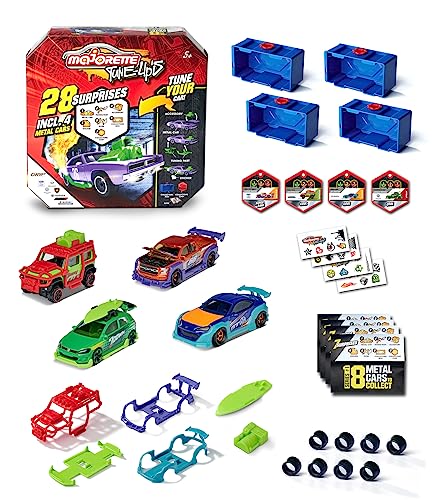 Majorette – Tune Ups Series 1, 4er Set mit 28 Überraschungen, Spielzeugautos aus Metall zum Tunen, 4 von 18 Autos zum Sammeln im Überraschungspack, inkl. Tuning-Zubehör, Sammelboxen und Stickern
