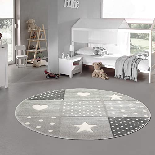 Kinderzimmer Teppich Spielteppich Herz Stern Punkte Design Creme schwarz grau Größe 120 cm Rund