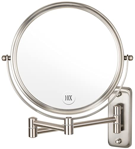 Wandmontierter Make-up-Spiegel, 10-fache Vergrößerung, 20,3 cm, doppelseitig, schwenkbar, ausziehbar, Badezimmerspiegel, Nickel-Finish, Alhakin