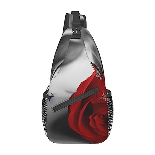 Schulterrucksack mit rotem Rosen-Druck, leicht, faltbar, Umhängetasche, wasserabweisend, für den täglichen Gebrauch, Schwarz , Einheitsgröße