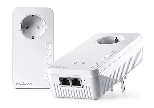 Devolo Magic 2 WiFi: Powerline mit WLAN Funktion zur Leistungssteigerung, WiFi bis zu 2400 Mbit/s AC, 2X Gigabit Adapter mit LAN-Anschluss, integrierte Steckdose, WLAN-Mesh, Access Point, weiß