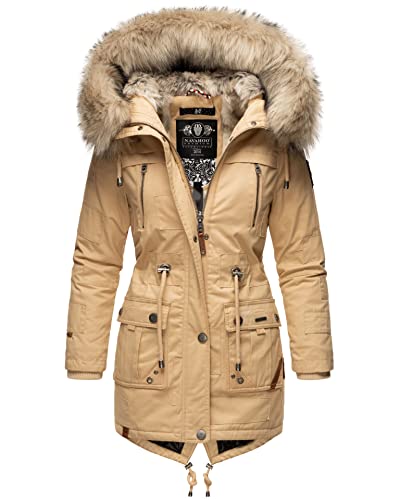 Navahoo Premium Damen Winter Jacke Parka Mantel Winterjacke warm Kunstfell B805 [B805-Honigf-Navy-Gr.XS]