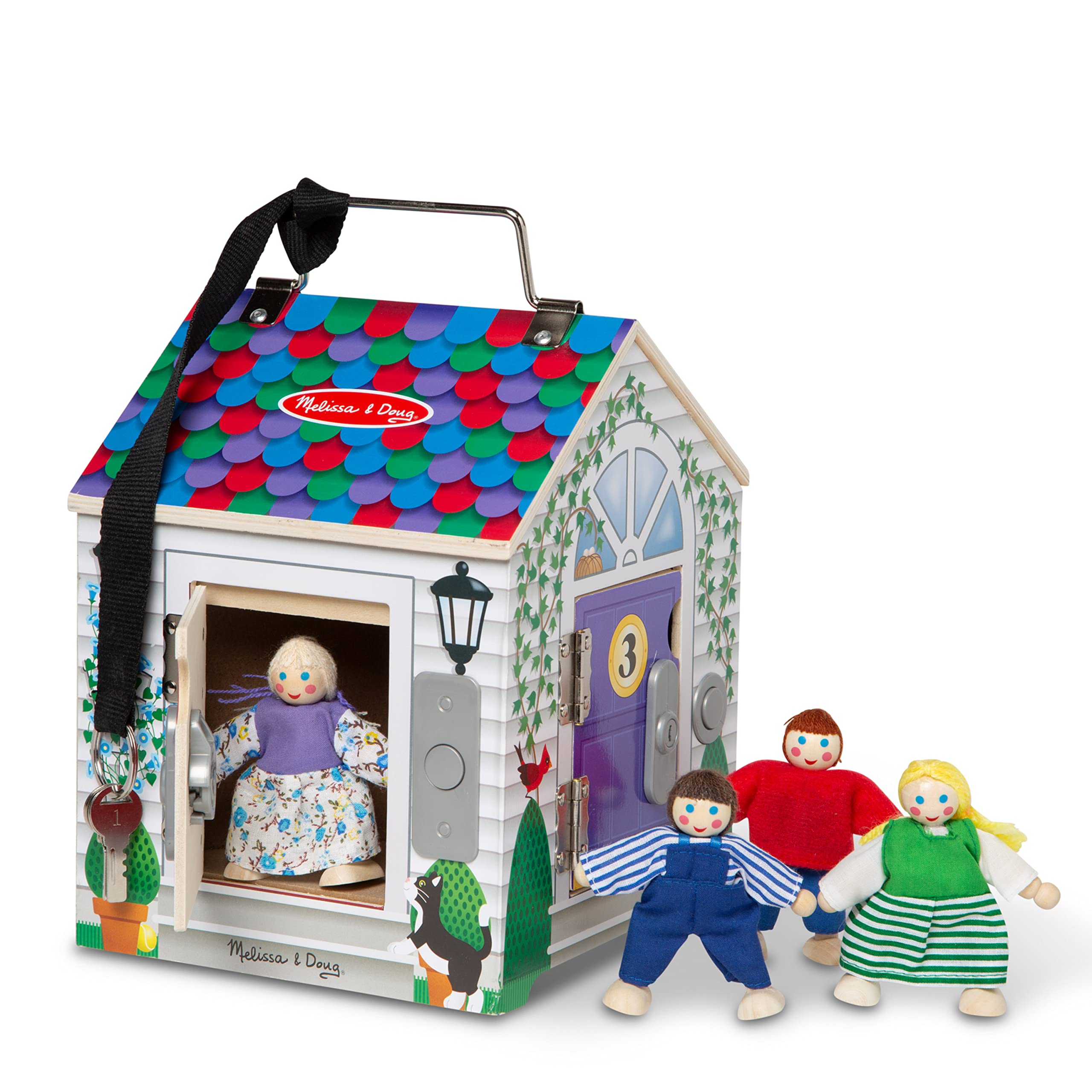 Melissa & Doug Türklingelhaus Puppenhaus aus Holz mit Türklingelgeräuschen | Mehrfarbig | Holzpuppen | 3+ | Geschenk für Jungen oder Mädchen