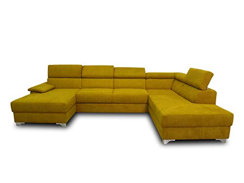 DOMO Collection Niria Wohnlandschaft | Eckcouch mit Schlaffunktion & Rückenfunktion | Sofa U Form Couch, großes Schlafsofa, gelb/senf, 167x337x230 cm