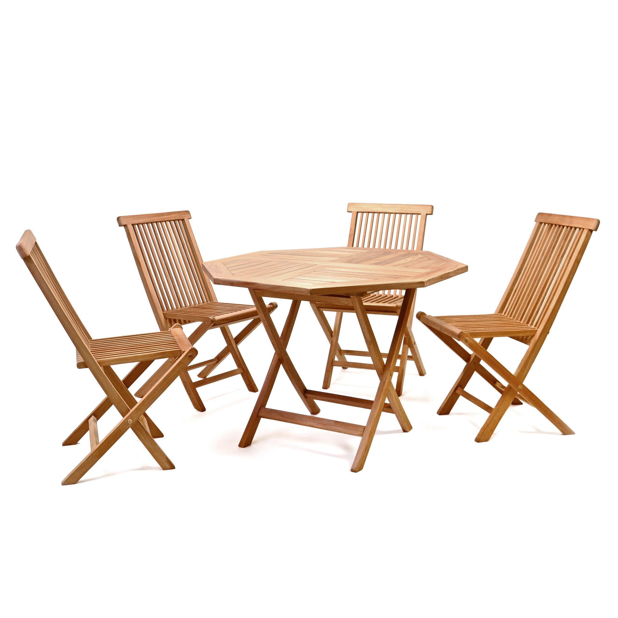 Divero Gartenmöbel-Set Terrassenmöbel-Garnitur Sitzgruppe 5-tlg. Tisch achteckig Ø 100 cm 4 x Holzstuhl klappbar – Teakholz massiv behandelt