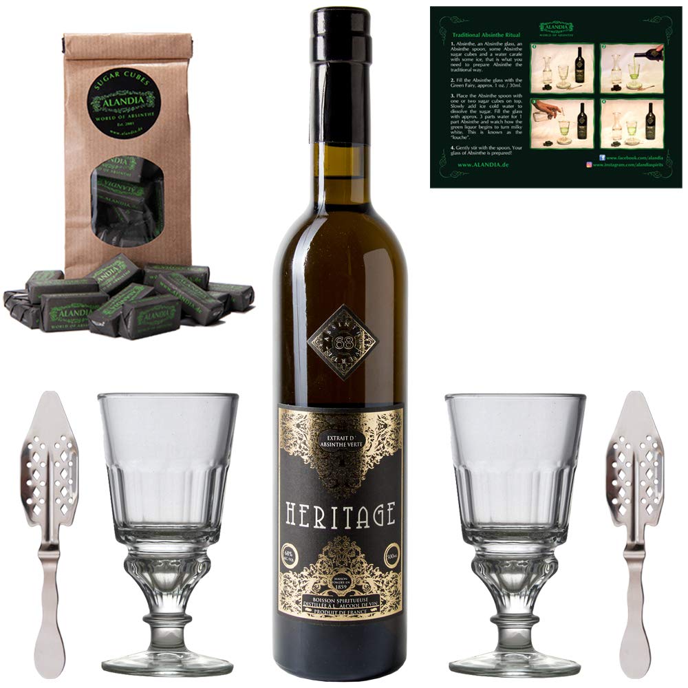 Absinth Set Heritage Verte | Mit Silbermedaille prämiert | Premium Qualität mit Weinalkohol destilliert | 2x Absinth Gläser 2x Absinth Löffel 1x Absinth Zuckerwürfel | 68% (1x 0,5 l)