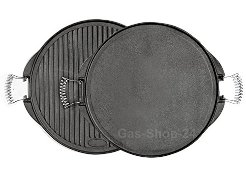 52 cm runde Grillplatte aus Gusseisen mit abnehmbaren Federstahlgriffen (geeignet für Gasgrill, Backofen, Gasherd, Campingkocher, Gaskocher) -Gussgrillplatte