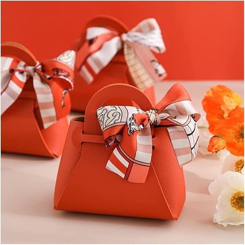 Papier Tasche, Blumen Geschenktasche, 5 Stück Geschenkverpackungsboxen, Leder-Handtaschenform, Hochzeit, Gastgeschenke, Süßigkeiten, Schokoladenschachtel mit Bändern for Party-Dekoration (rot) (Farbe: