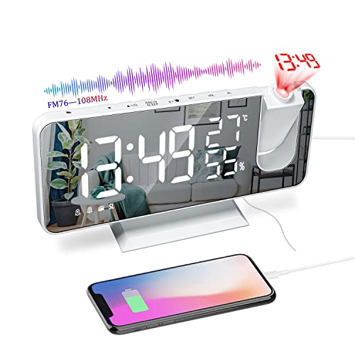 Projektionswecker, Radiowecker Digitaler Wecker mit FM-Radio, 7" LED Spiegelbildschirm, Dual-Alarm mit USB-Anschluss, 4 Projektionshelligkeit, 180 ° Flip-Anzeige und 12 / 24Hr (B)