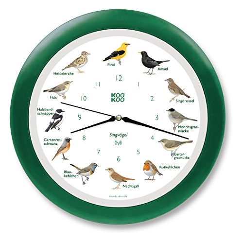 KOOKOO Singvögel Grün, Die Singende Vogeluhr, mit 12 heimischen Singvögeln und echten, natürlichen Vogelstimmen, mit RC Funkquarzwerk, 34cm