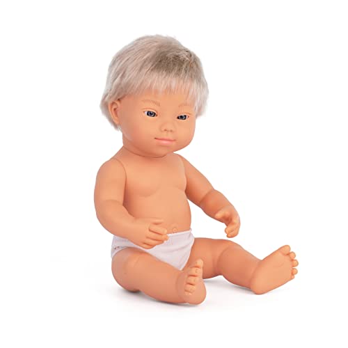 Miniland Dolls: europäische Babypuppe Junge, mit Down Syndrom aus weichem Vinyl, 38 cm, in transparenter Tüte. (31233)