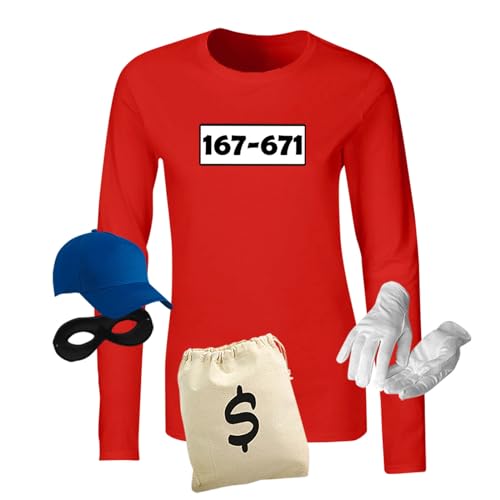 Panzerknacker Longsleeve Kostüm-Set Wunschnummer Karneval JGA Damen XS - 2XL Gangster Verkleidung Fastnacht, Größe:L, Logo & Set:Standard-Nr./Set deluxe+ (167-761/Shirt+Cap+Maske+Hands.+Beutel)