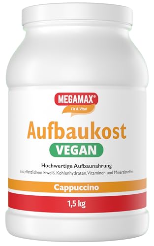 MEGAMAX Aufbaukost VEGAN Cappuccino 1.5 kg - Ideal zur Masseaufbau und bei Mangelernährung - Proteinpulver zur Zubereitung eines fettarmen Kohlenhydrat-Eiweiß-Getränkes für Muskelmasse u. Muskelaufbau