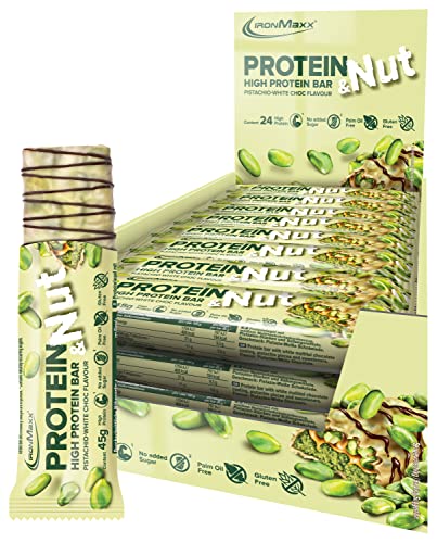 IronMaxx Protein and Nut Proteinriegel High Protein Bar, Geschmack Pistachio White Choc, 24x 45g (24er Pack)