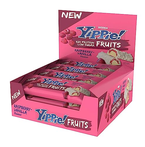 Weider Yippie! Fruits Protein Bar Eiweißriegel, Raspberry Vanilla, 12 Stück á 45 g, fruchtiger Protein Snack
