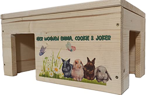 Kaninchenhaus Personalisiert mit Wunschnamen ihrer Hasen mit 2 Eingängen, Stabil, Holzlasur & Aufklappbar / 45x25x22cm