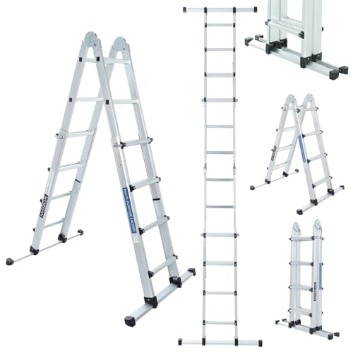 WORHAN Leiter 410 cm Aluminium Teleskopleiter Klappleiter Anlegeleiter Ausziehbare Trittleiter mit Stabilisatorstange Vielseitige Multifunktionsleiter LG4