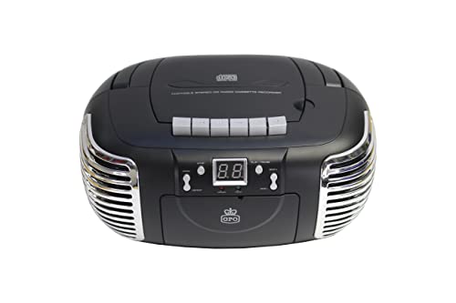 GPO PCD299 Tragbare Retro Boombox mit CD-Player, Radio und Kassettenrekorder Netz- & Batteriebetrieb, Schwarz/Silber