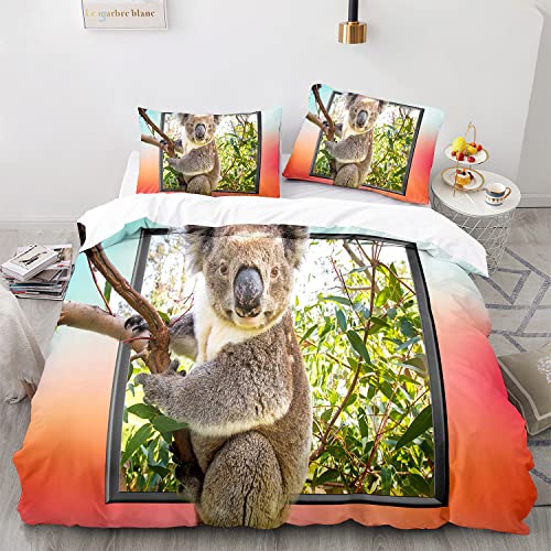 Bedding Bettwäsche 135x200 Set 3 Teilig Mikrofaser Einzel Bettbezug 3D Betten Set Australien Wald Niedlich Tier Koala Muster Deckenbezug + 2 Kissenbezug 80x80 mit Reißverschluss Eckbinder halten