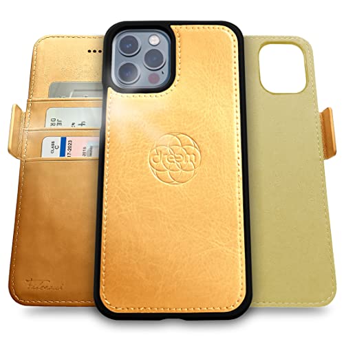 Dreem Fibonacci 2in1 Handyhülle Flipcase für iPhone 12 & 12 Pro | Magnetisches iPhone Case | TPU Etui Lederhülle Schutzhülle, RFID Schutz, Veganes Kunstleder, Geschenkbox | Gold