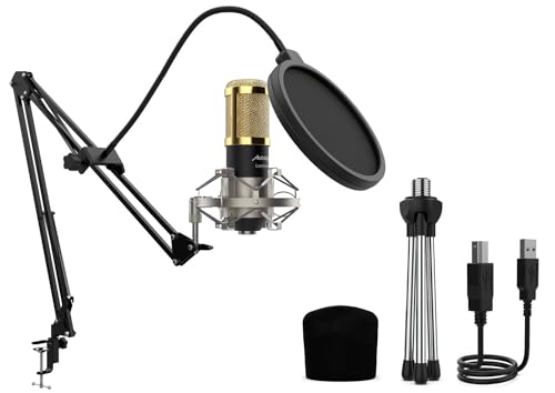 AUDIBAX - London 800 Pack Pro Studio-Mikrofon mit großer Membran - Farbe Gold - Kondensatormikrofon - Polar-Herzmuster - inkl. Spinne, Windschutz, Stativ und USB-Kabel