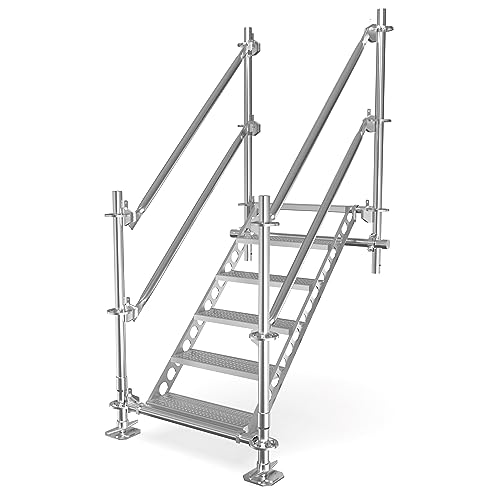 Scafom-rux Bautreppe - [ 1 Meter + Geländer ] Aussentreppe - 5 Stufen Metalltreppe - stabile Metalltreppen für außen - Treppenwangen stahl verzinkt - Komplettbausatz, Gartentreppe & Stahltreppe