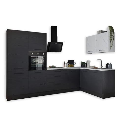 NEW YORK Moderne Eckküche ohne Elektrogeräte in Graphit Schwarz, Marmor Optik FSC-zertifiziert - Geräumige Küchenzeile in L-Form - 320 x 210 x 60 cm (B/H/T)