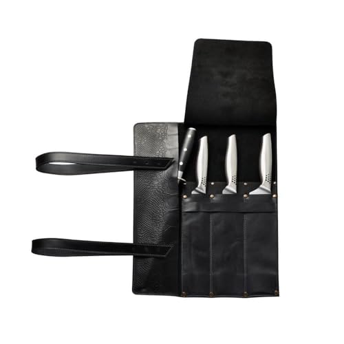 Mergel Messertasche für Kochmesser, Messerrolle, Rolltasche, Tasche für Köche aus Premium Echt-Leder für 3 Messer (Dark Ostrich)