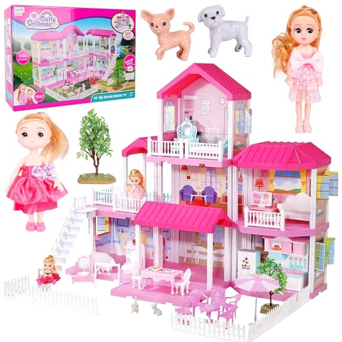 MalPlay Kinderpuppenhaus Rosa, Puppenhaus Villa für Mädchen, Prinzessinnenresidenz für Kinder ab 3 Jahren, Puppenhunde und anderes Zubehör