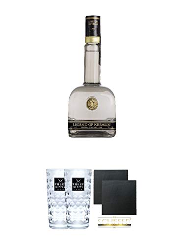 Legend Of Kremlin Wodka 0,7 Liter in Geschenkverpackung + Three Sixty Vodka Gläser 2 Stück + Schiefer Glasuntersetzer eckig ca. 9,5 cm Ø 2 Stück