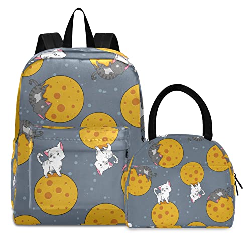 Katze Planet Weltraumkätzchen Büchertasche Lunchpaket Set Schulter Rucksacks Bookbag Kinderrucksack Isolierte Lunchbox-Tasche für Mädchen Jungs