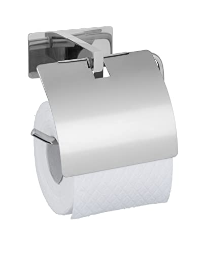 WENKO Turbo-Loc® Toilettenpapierhalter Genova Shine mit Deckel, Wandhalter für Toilettenpapier-Rolle, Befestigen ohne Bohren mit Klebepad-System, Halter aus Edelstahl, 14 x 11,4 x 6,2 cm, Glänzend