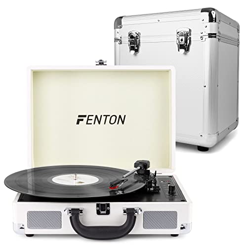 Fenton RP115D Set Plattenspieler Koffer mit integriertem Lautsprecher, silberner Plattenkoffer, Plattenspieler Bluetooth, Vintage, Vinyl Player Schallplatten USB Record Player, in Retro Weiß