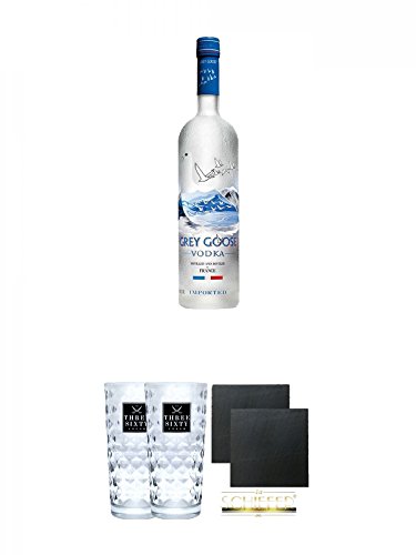 Grey Goose Vodka 0,7 Liter + Three Sixty Vodka Gläser 2 Stück + Schiefer Glasuntersetzer eckig ca. 9,5 cm Ø 2 Stück