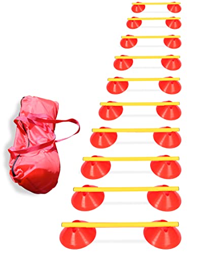 SPORTIKEL24 Mini-Hürden 10er-Set mit Stangen 50 cm & Tragetasche – für Agility- & Koordinationstraining – Cavaletti – Hürden & Slalom (rot/gelb)