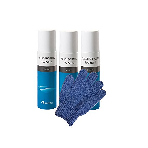 Duschschaum “Passion“ Sparpaket (3 x 150 ml) von Spitzner mit einem Gratis Massagehandschuh